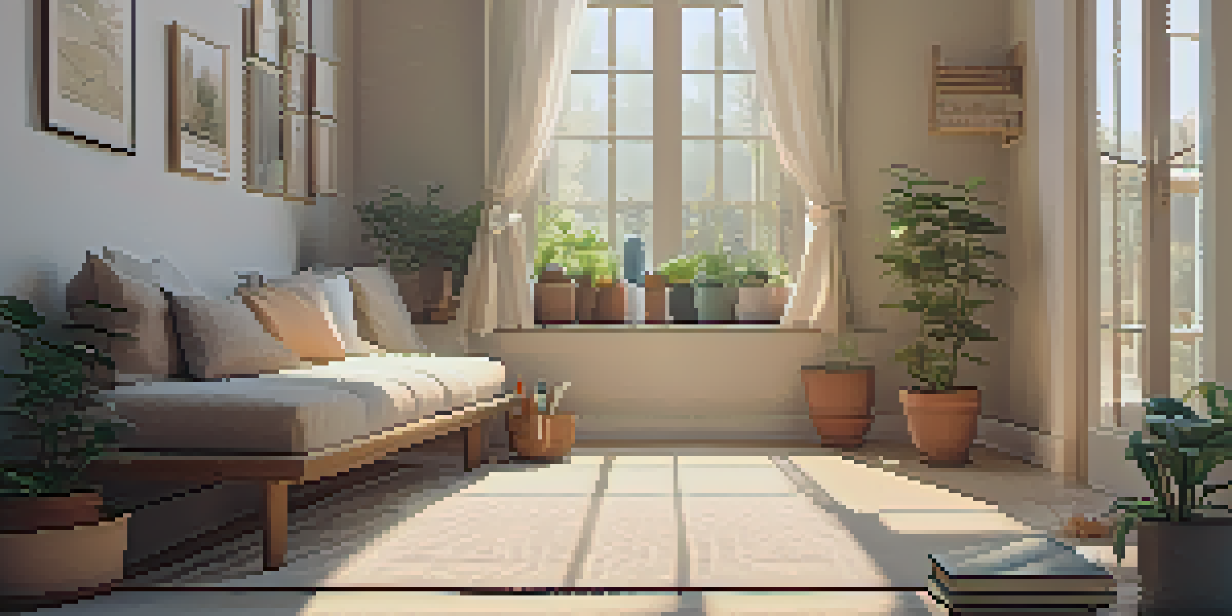 A peaceful corner for mindfulness with cushions, a journal, and tea, illuminated by natural light and decorated with plants and flowers.