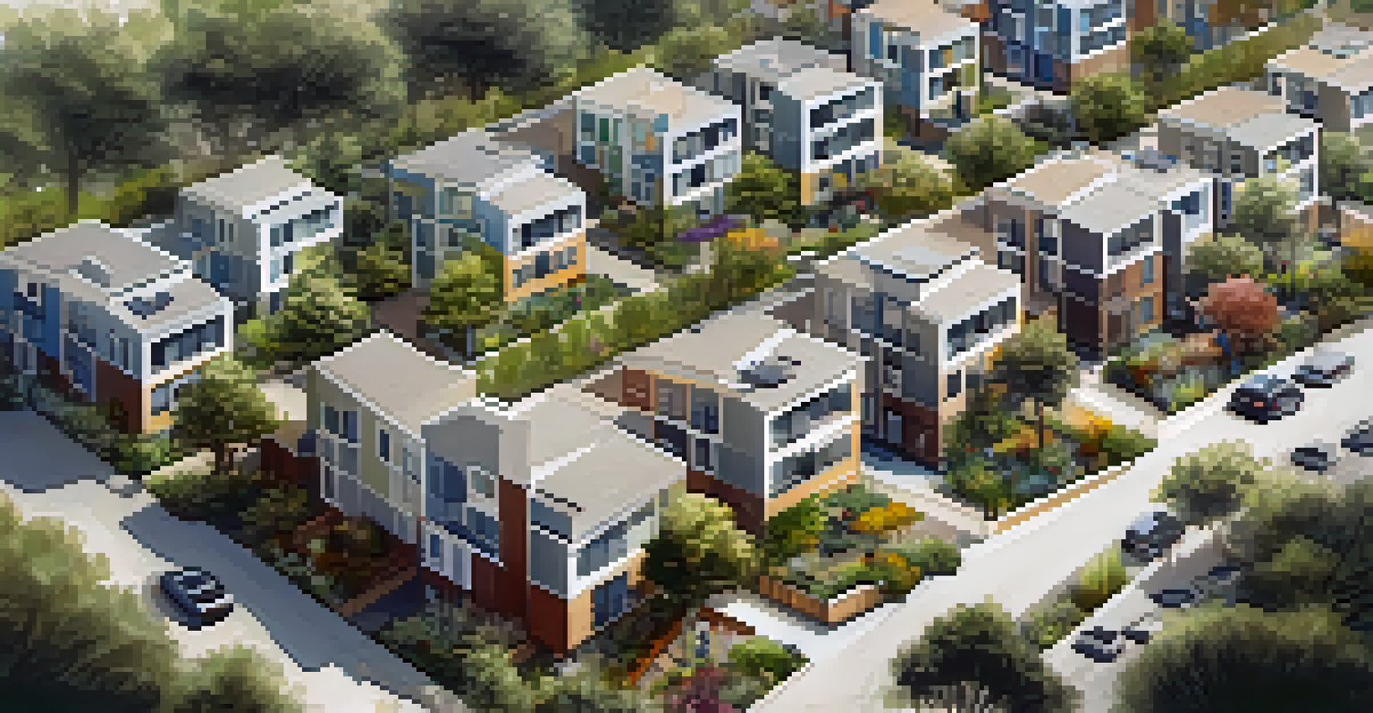 Aerial view of a modern co-housing community in San Francisco with eco-friendly designs and residents engaging in activities.