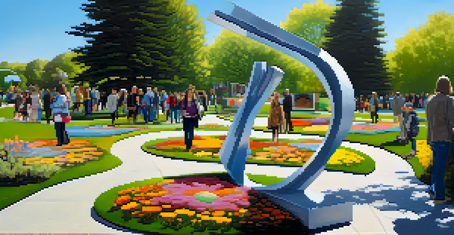 An outdoor art exhibition in a park featuring large-scale sculptures and installations surrounded by flowers and greenery.