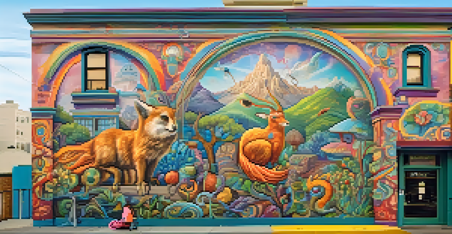 A playful mural by Nite Owl featuring fantastical creatures and vibrant landscapes, with people admiring the artwork in San Francisco.