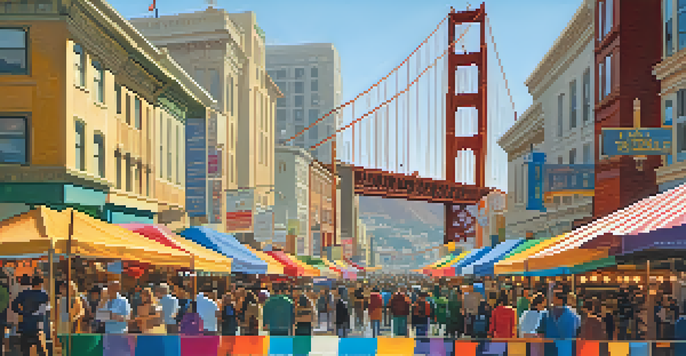 A lively scene in San Francisco with people at a community event, displaying the city's architecture and the Golden Gate Bridge.