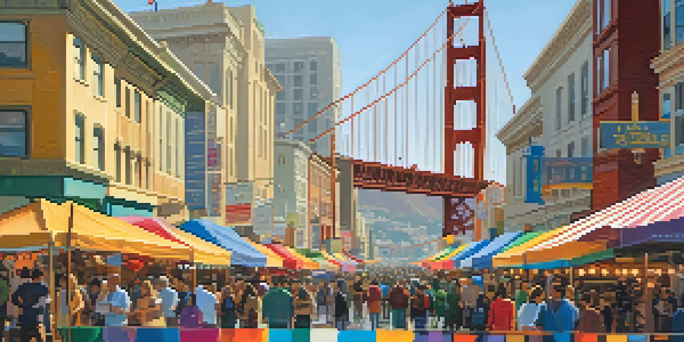 A lively scene in San Francisco with people at a community event, displaying the city's architecture and the Golden Gate Bridge.