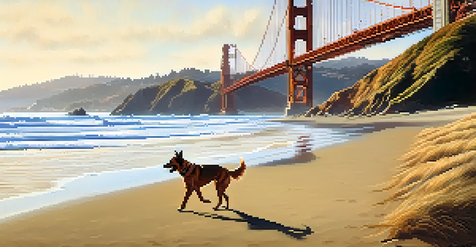 A picturesque beach scene featuring a dog running on sandy shores with the Golden Gate Bridge in the background under a bright blue sky.