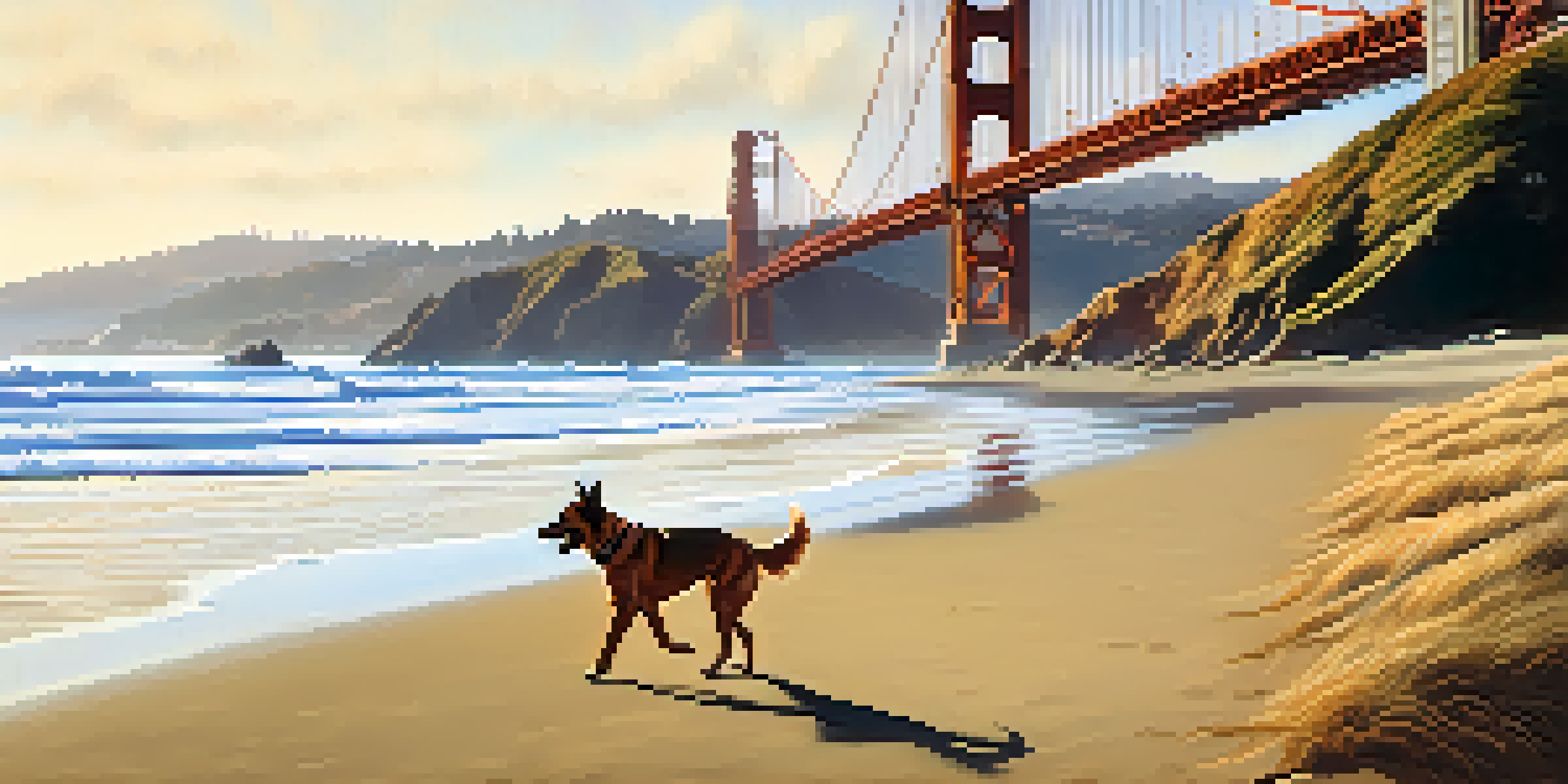 A picturesque beach scene featuring a dog running on sandy shores with the Golden Gate Bridge in the background under a bright blue sky.