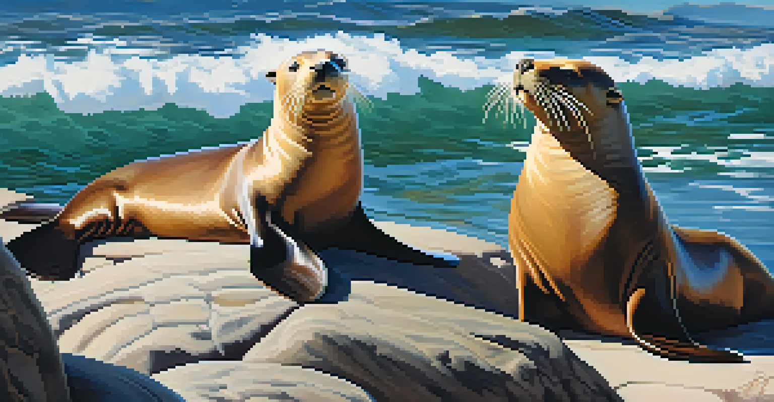 A close-up of California sea lions lounging on rocky shores, with waves in the background and a clear sky.