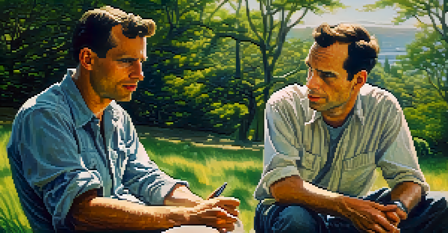 Jack Kerouac and Allen Ginsberg converse in a San Francisco park, surrounded by nature, with sunlight filtering through the trees.