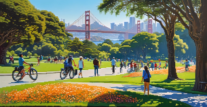 A sunny day in Golden Gate Park with people walking and biking, flowers, trees, and the Golden Gate Bridge in the background.