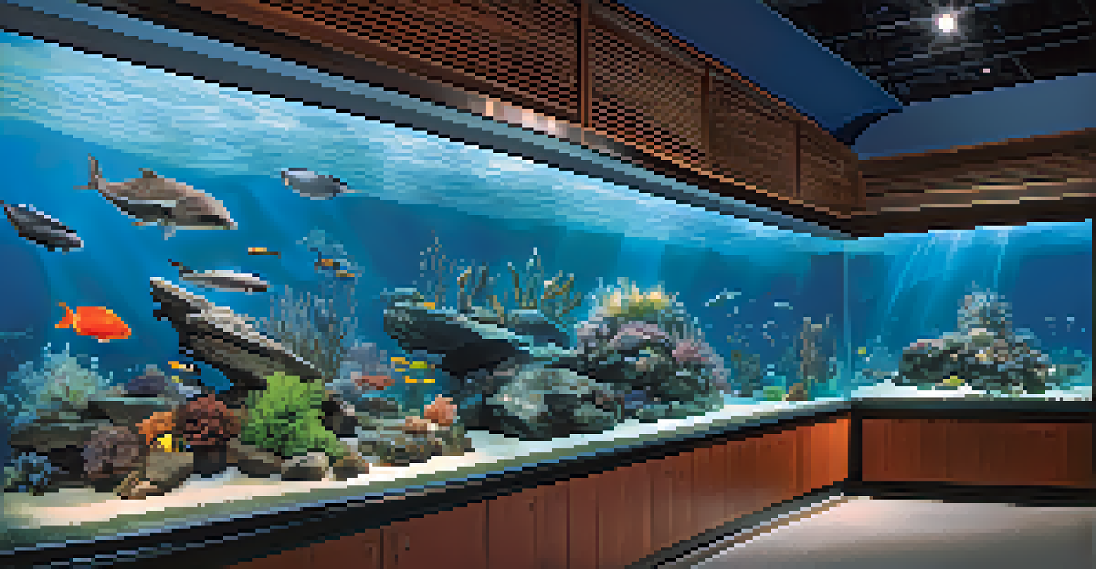 A stunning aquarium scene showcasing colorful marine life such as coral reefs, sea otters, and rays in soft blue light.