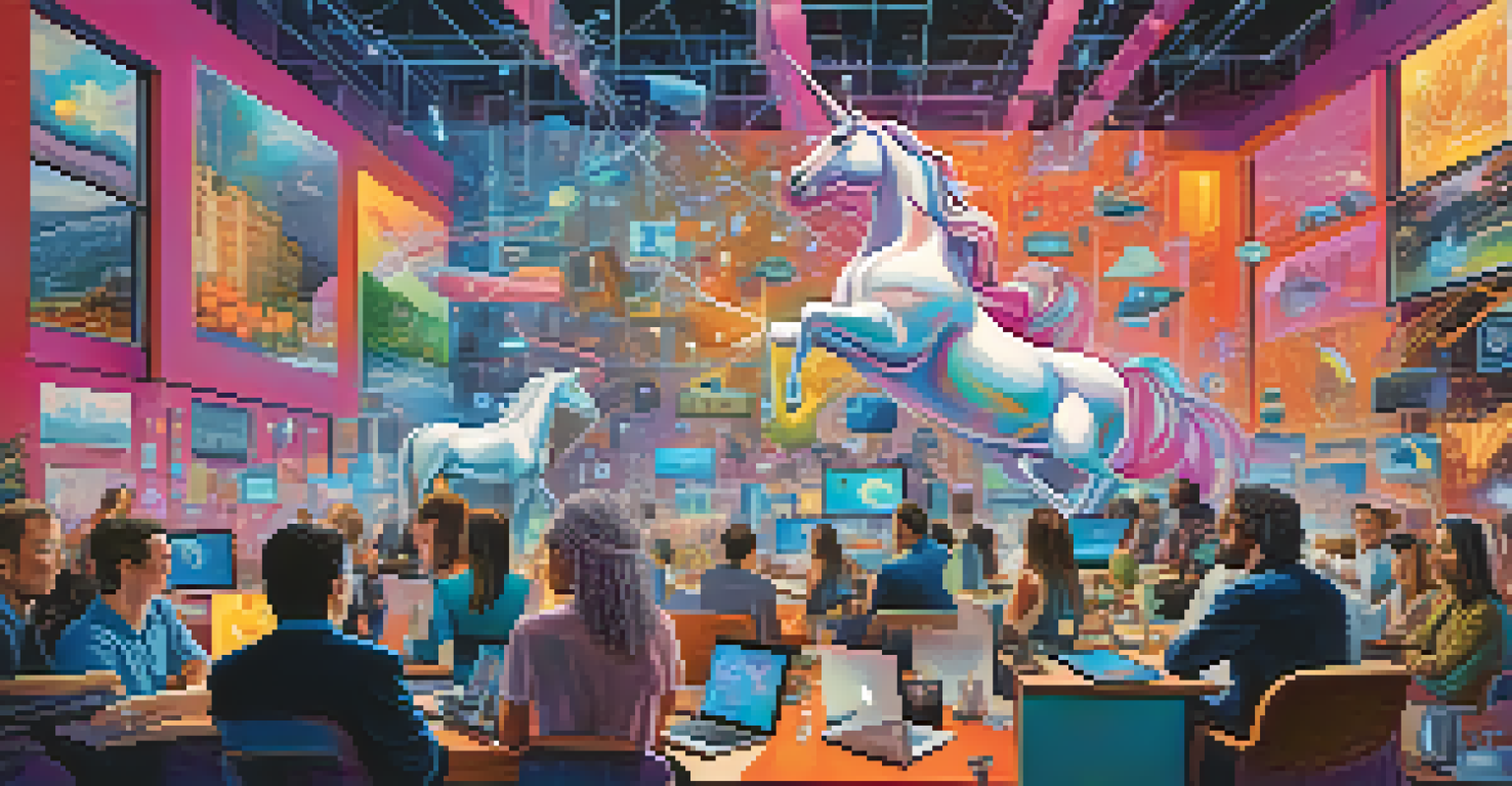 A colorful artistic depiction of the 2010s tech boom, showcasing entrepreneurs and symbols of innovation like a unicorn and AI.