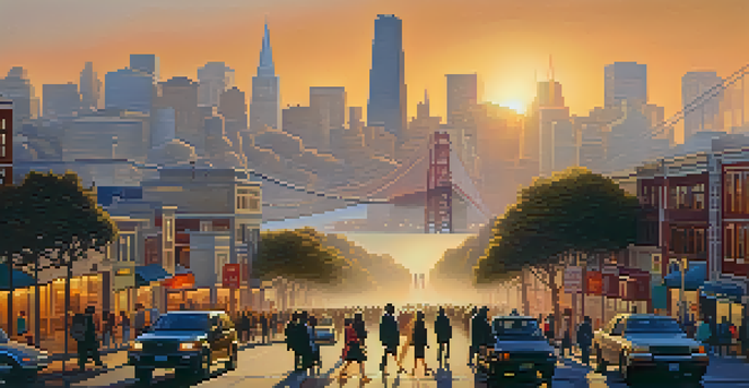 A busy street in San Francisco with diverse individuals carrying laptops, modern skyscrapers in the background, and the Golden Gate Bridge in the distance under a sunset sky.