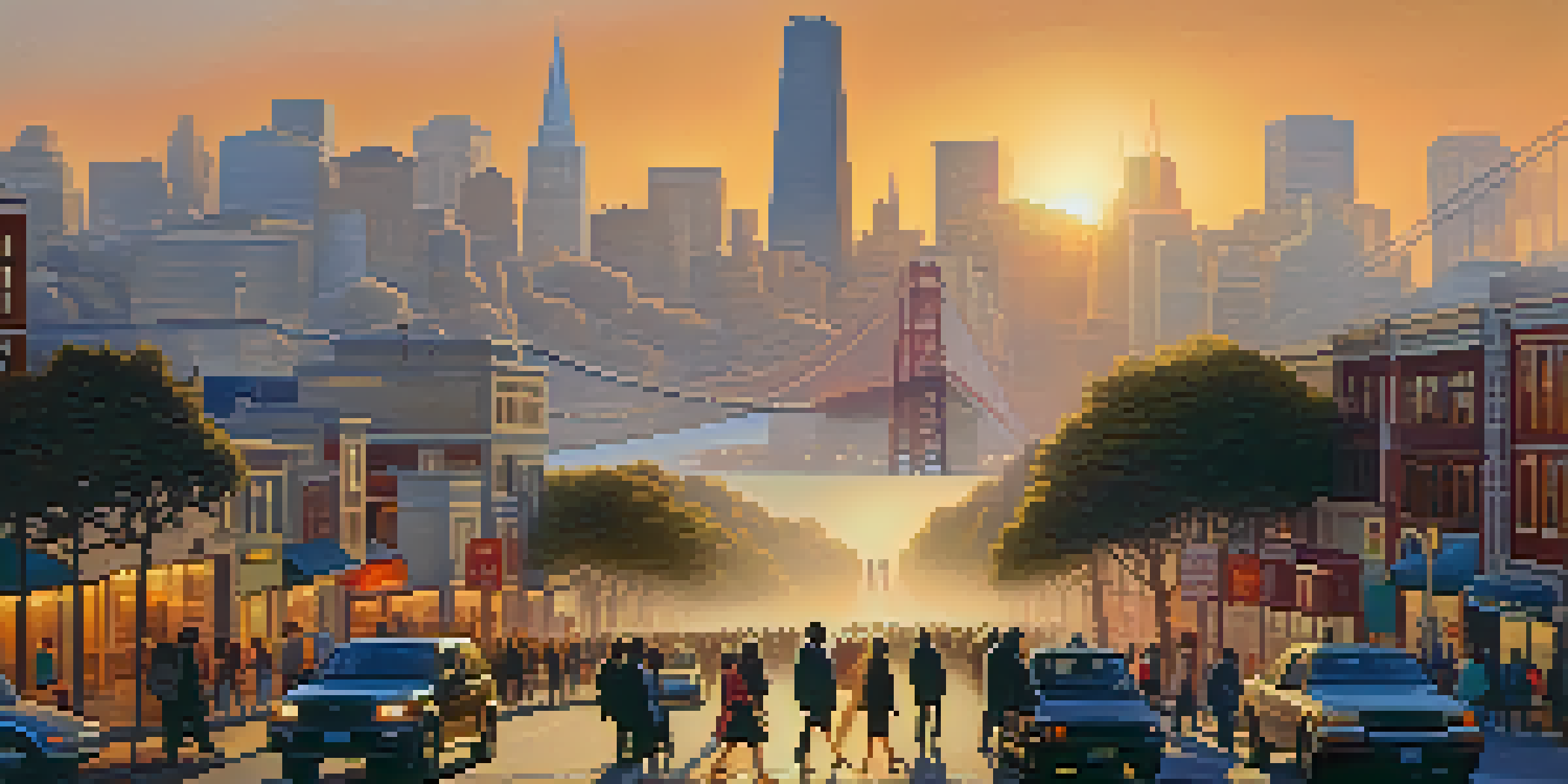 A busy street in San Francisco with diverse individuals carrying laptops, modern skyscrapers in the background, and the Golden Gate Bridge in the distance under a sunset sky.