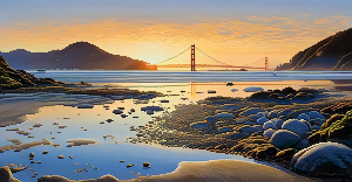 A coastal view of San Francisco's tidal flats during low tide, with exposed rocky shores and tidal pools filled with sea stars and anemones under a blue sky.