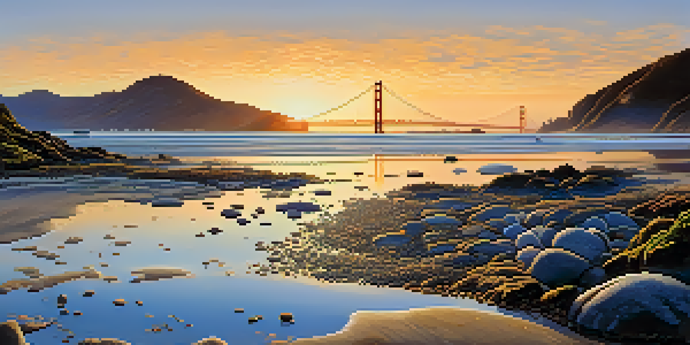 A coastal view of San Francisco's tidal flats during low tide, with exposed rocky shores and tidal pools filled with sea stars and anemones under a blue sky.