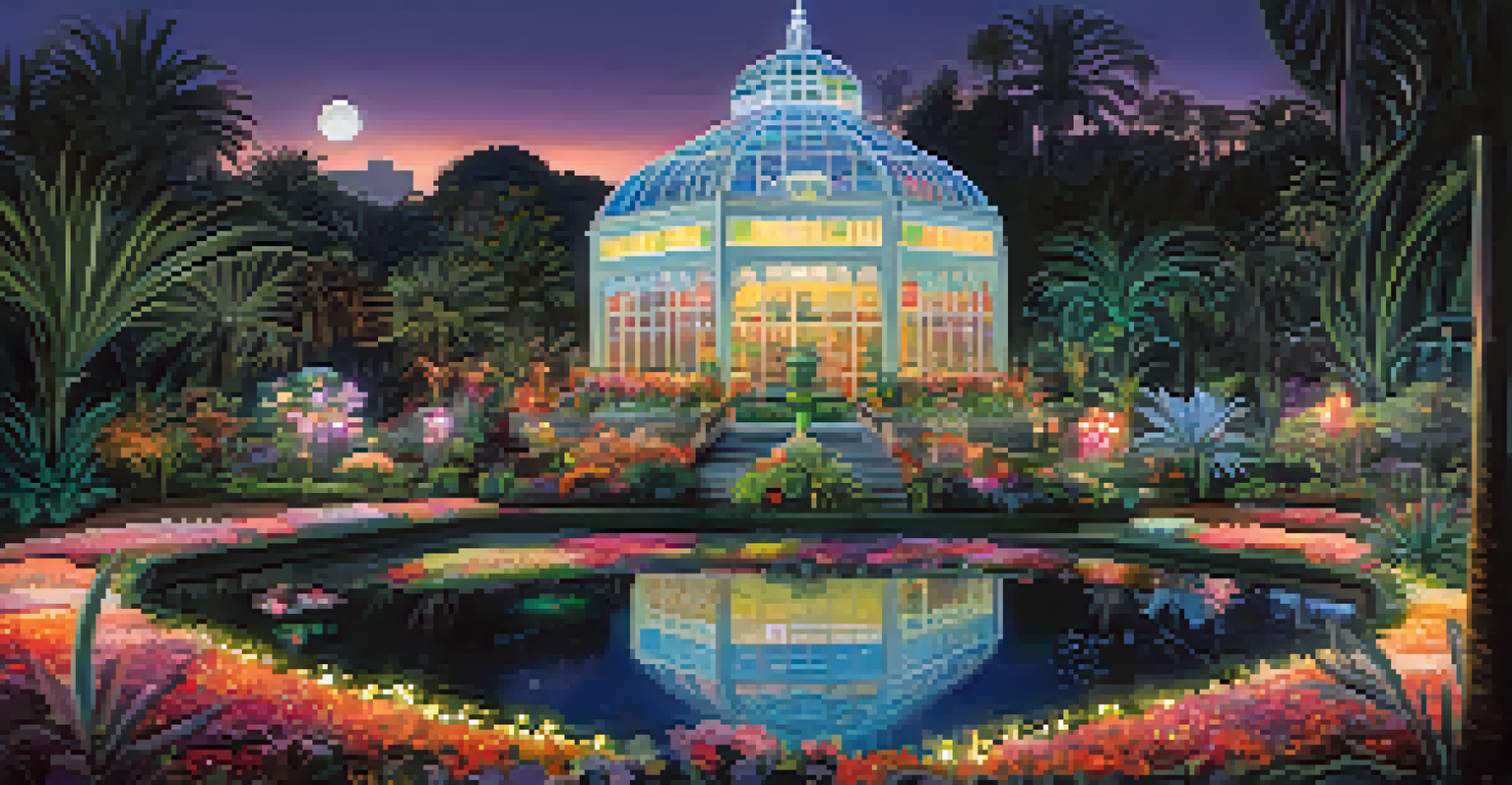 The Conservatory of Flowers beautifully lit with colorful lights, surrounded by glowing gardens at the Festival of Lights.