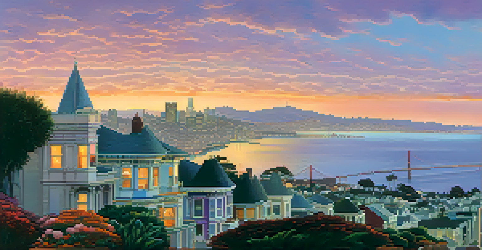 A stunning sunset view of Pacific Heights with Victorian houses and the San Francisco skyline in the background.