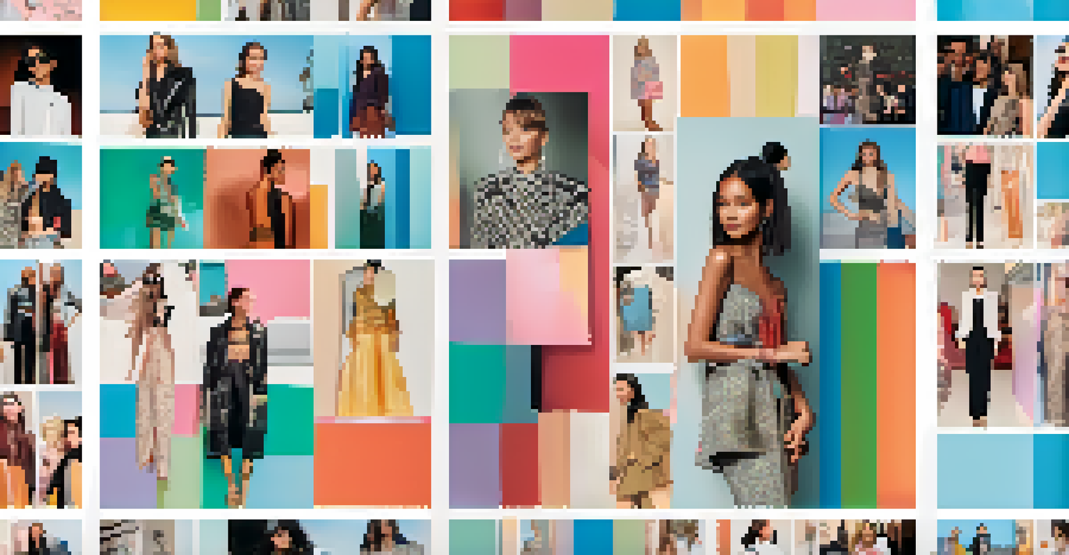 A colorful collage of photos from a local fashion event, featuring attendees, designer outfits, and behind-the-scenes moments, styled like a social media post.
