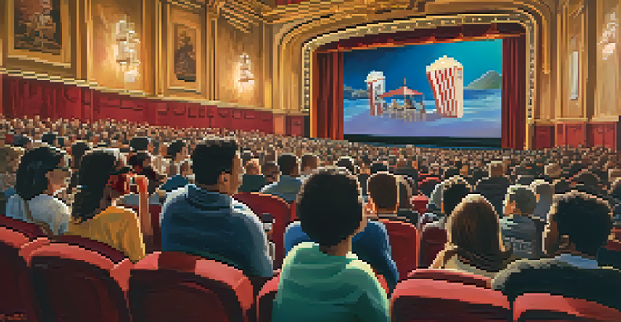 A diverse audience in a historic theater at the San Francisco International Film Festival, illuminated by soft golden lighting while watching a film.