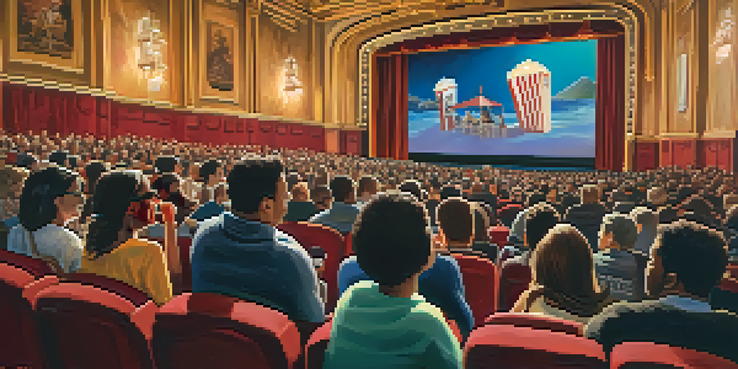 A diverse audience in a historic theater at the San Francisco International Film Festival, illuminated by soft golden lighting while watching a film.