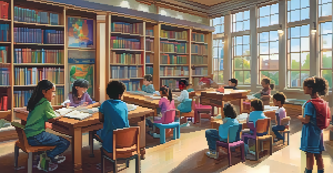 A warm library setting where children are reading and engaged in arts and crafts, with a librarian helping them.