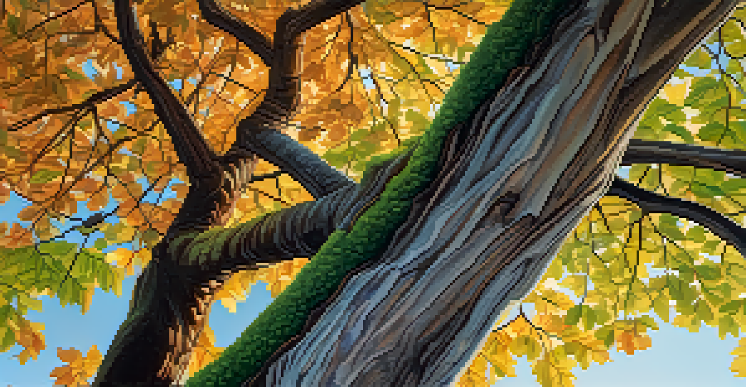 Close-up of a diverse tree in San Francisco with detailed bark and vibrant leaves, with birds sitting on branches.