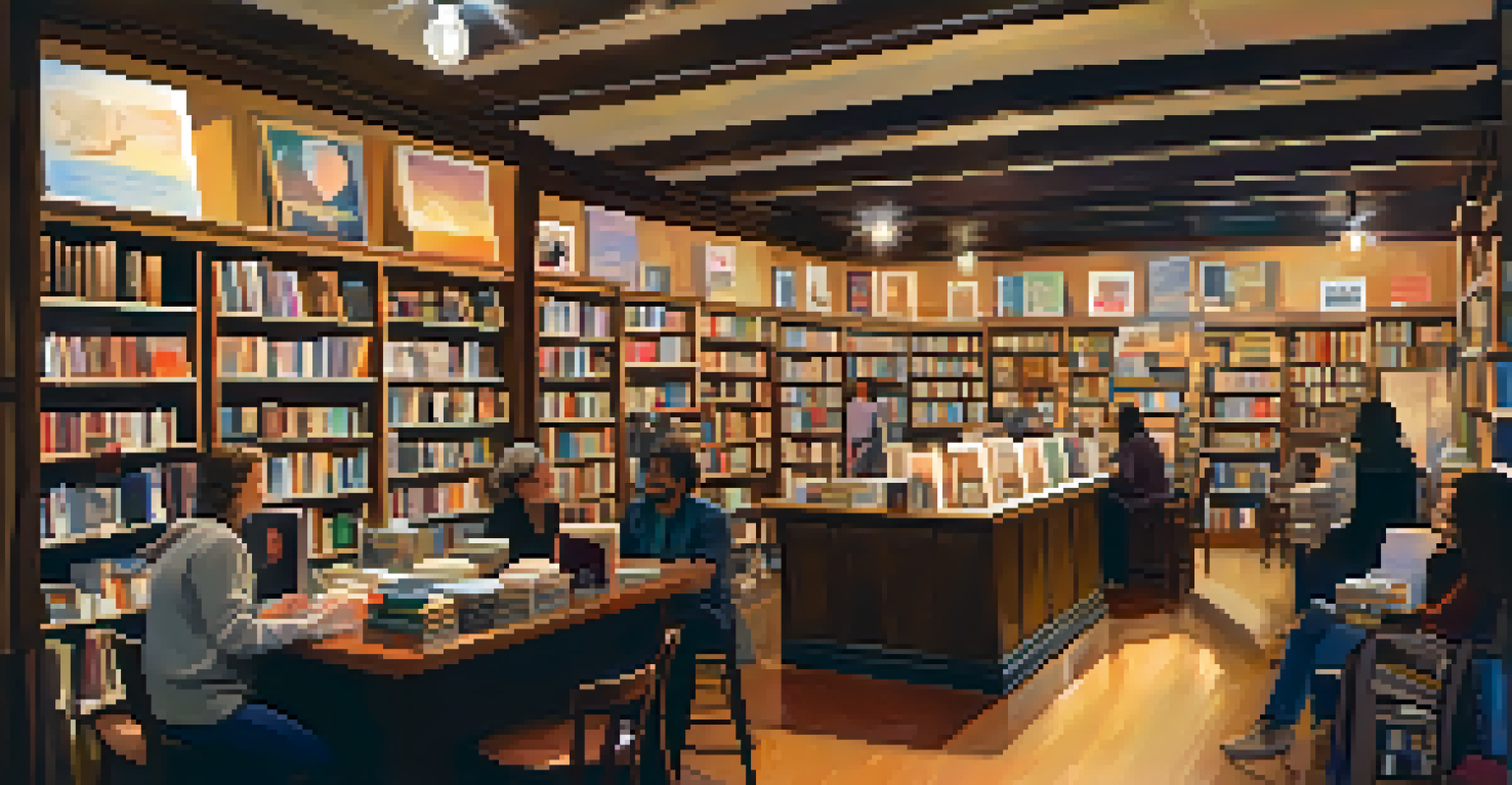 The interior of City Lights Bookstore with shelves of books, warm lighting, and a group of writers discussing ideas in a cozy corner.