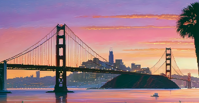 Sunset over San Francisco's skyline with the Golden Gate Bridge, showcasing vibrant colors in the sky and palm trees in the foreground.