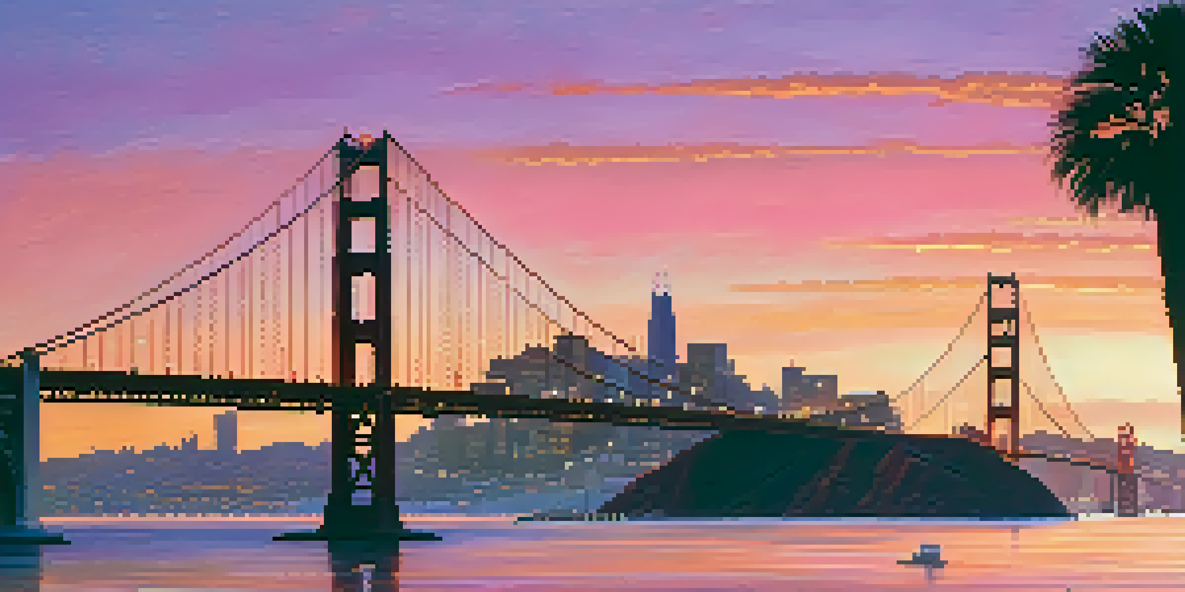 Sunset over San Francisco's skyline with the Golden Gate Bridge, showcasing vibrant colors in the sky and palm trees in the foreground.