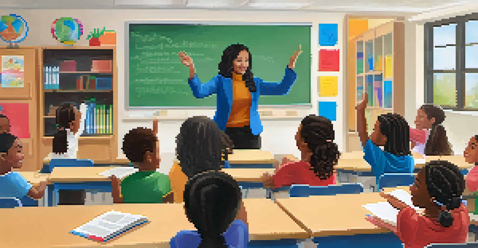 A teacher leading a discussion on social justice in a diverse classroom, with students of various ethnicities actively participating and multicultural educational materials displayed.