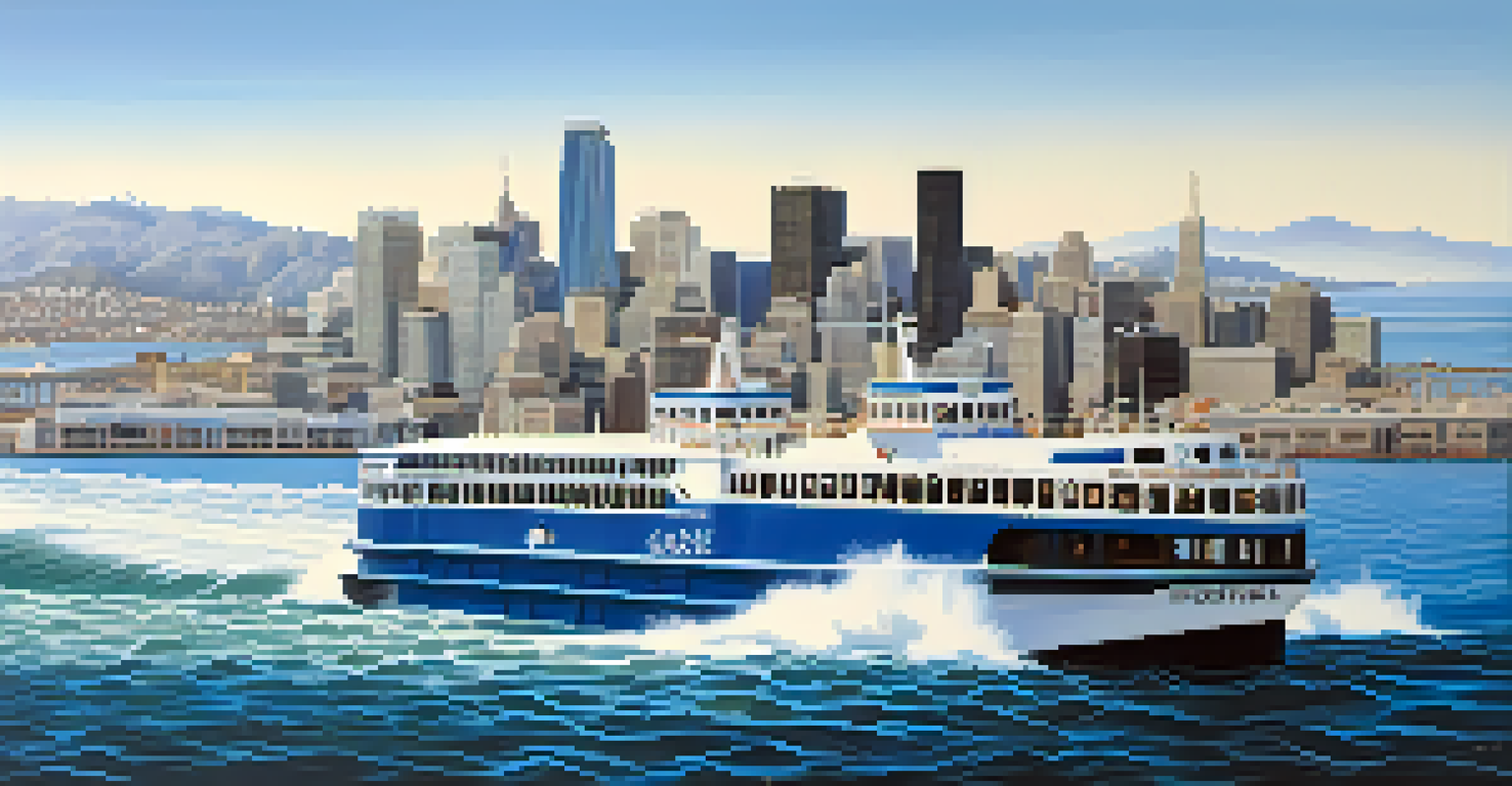 An aerial view of a Golden Gate Transit ferry on the San Francisco Bay with the city skyline in the background, highlighting water movement.