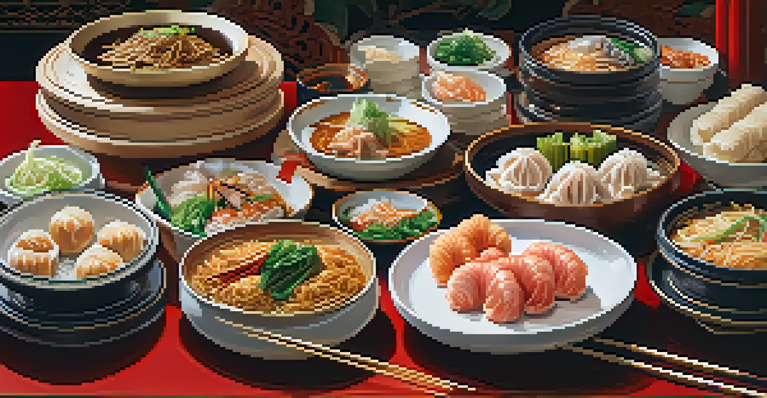 A close-up view of a table with an array of Chinese dishes like dim sum and Peking duck, elegantly arranged with chopsticks.