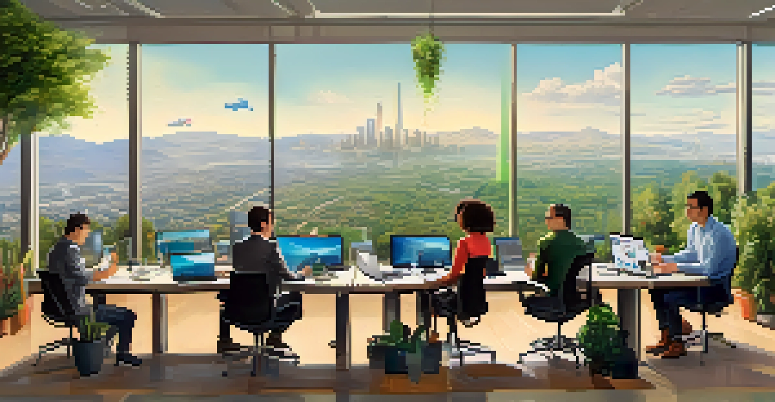 A panoramic view of Silicon Valley with skyscrapers and a group of diverse entrepreneurs collaborating on technology.