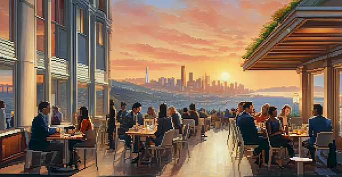 A sunset view of San Francisco's skyline with the Golden Gate Bridge. A group of young professionals gather at an outdoor café.