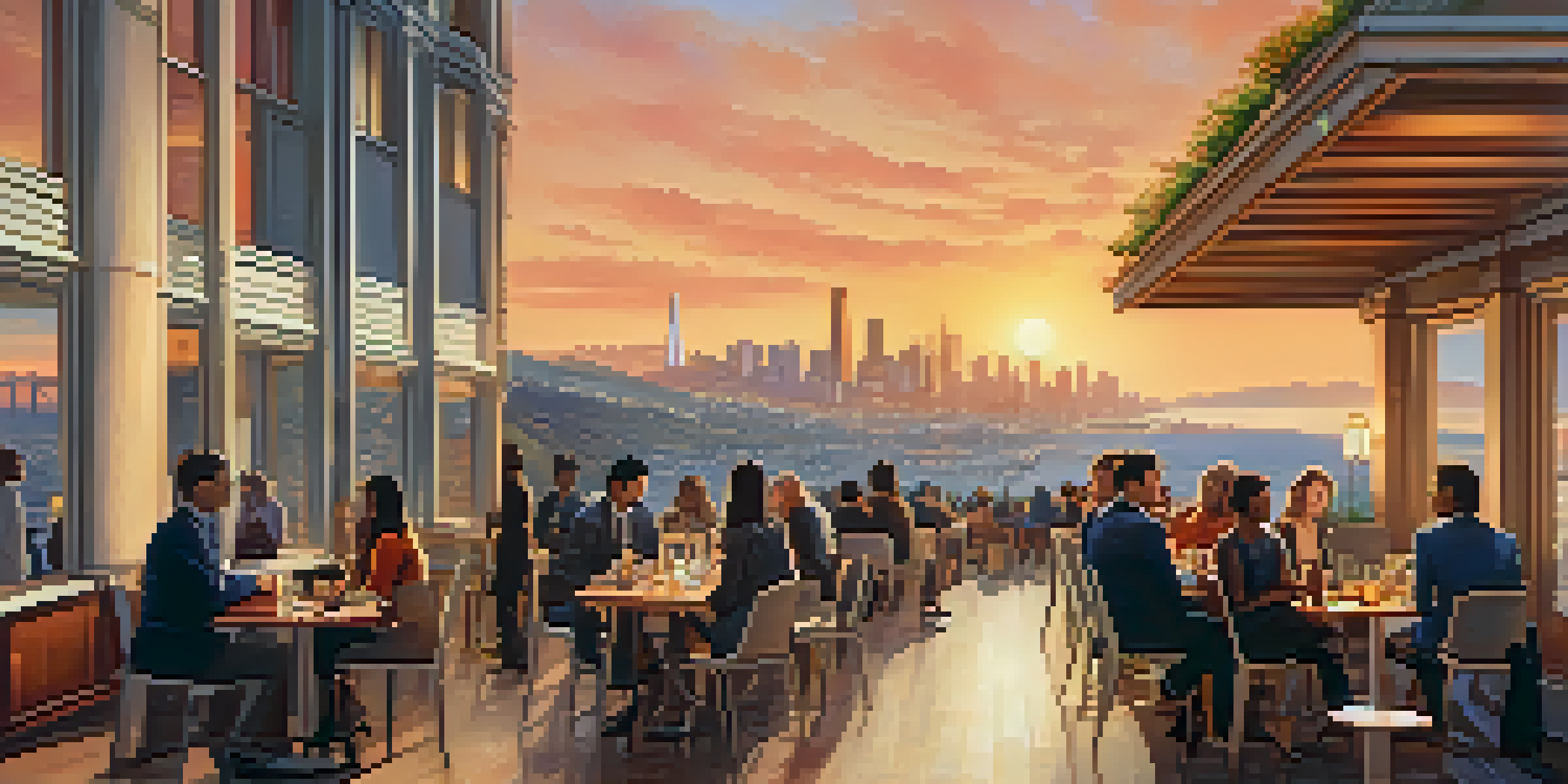 A sunset view of San Francisco's skyline with the Golden Gate Bridge. A group of young professionals gather at an outdoor café.
