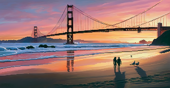 A couple walking hand-in-hand on the beach at sunset, with the Golden Gate Bridge in the background.