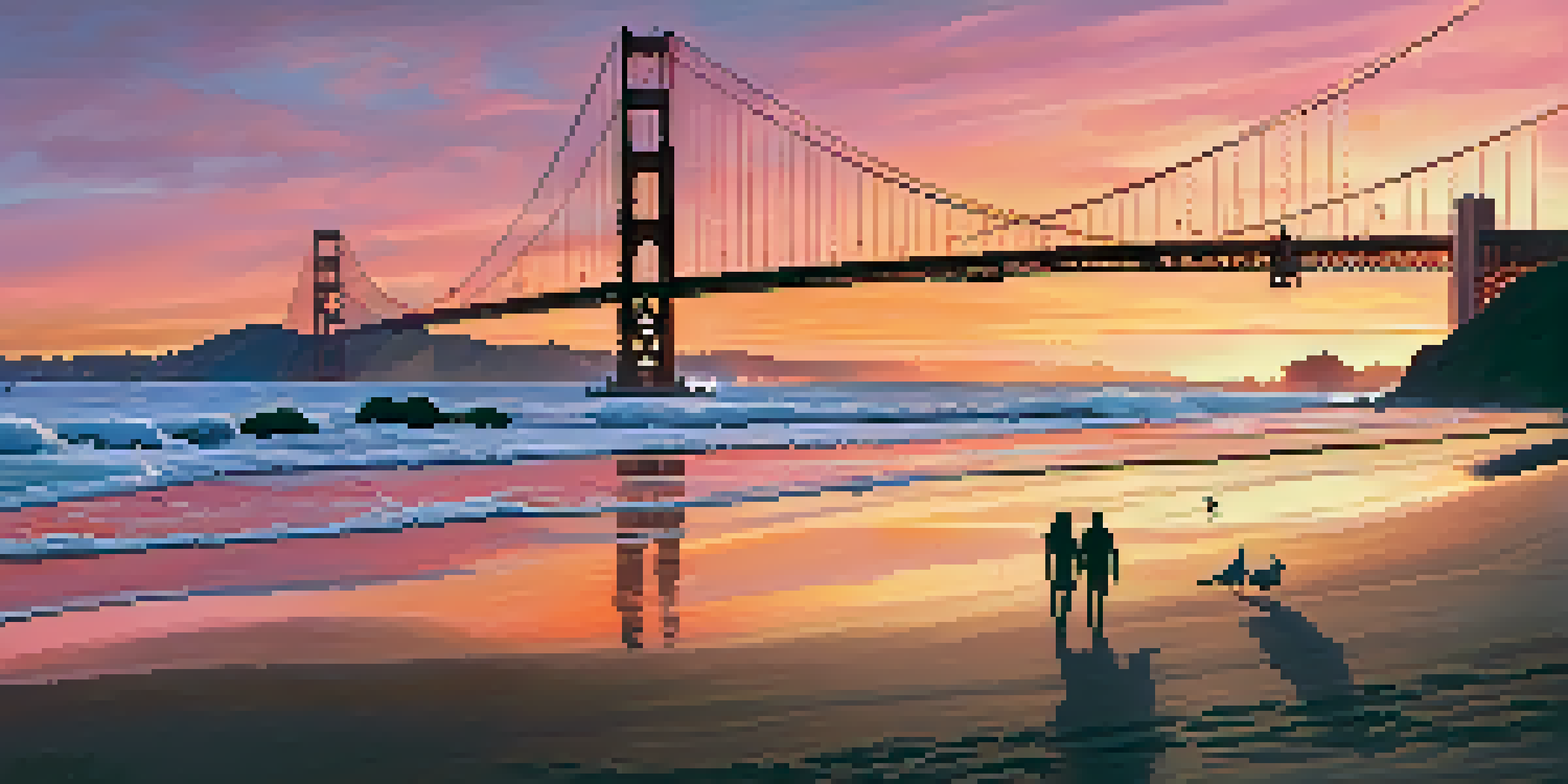 A couple walking hand-in-hand on the beach at sunset, with the Golden Gate Bridge in the background.