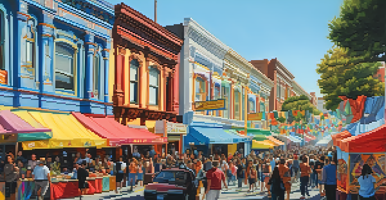 A street festival in the Mission District of San Francisco, with colorful murals and diverse people enjoying the event.