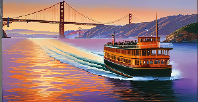 A vintage ferry boat sailing in the San Francisco Bay during sunset, with the Golden Gate Bridge visible in the background.