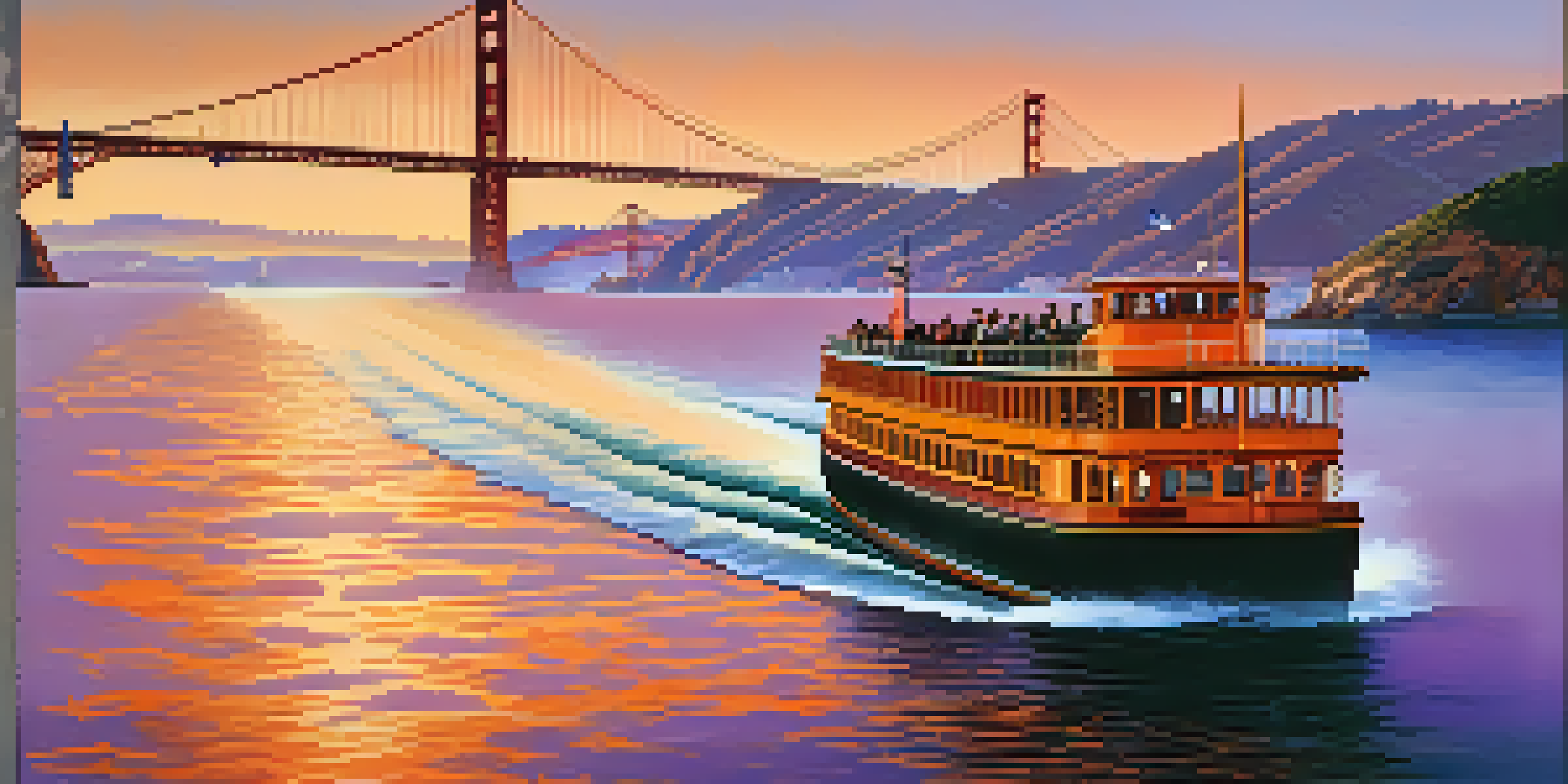 A vintage ferry boat sailing in the San Francisco Bay during sunset, with the Golden Gate Bridge visible in the background.