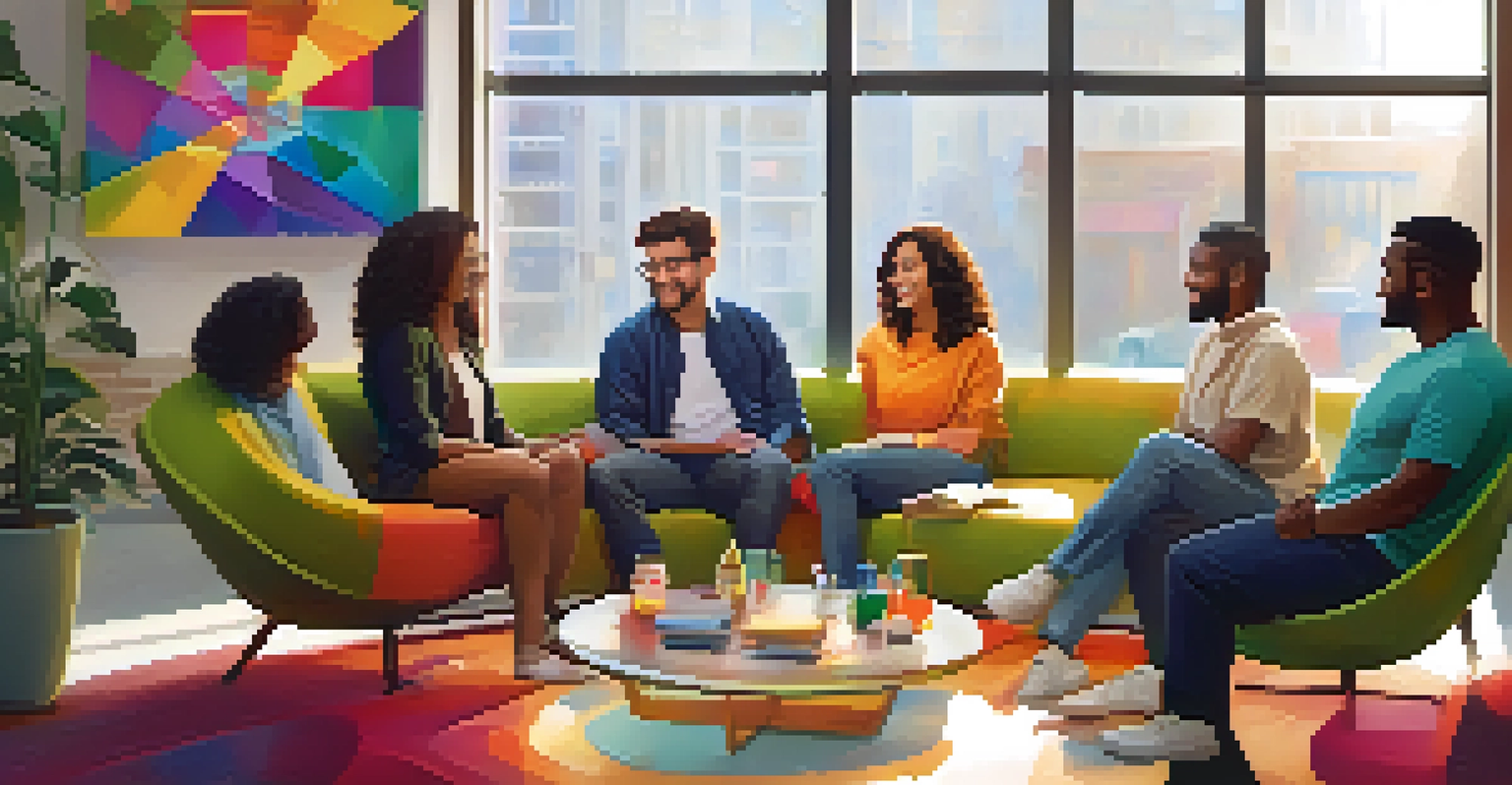 A diverse team in a cozy lounge area discussing ideas around a circular table, with colorful art and bright natural light.