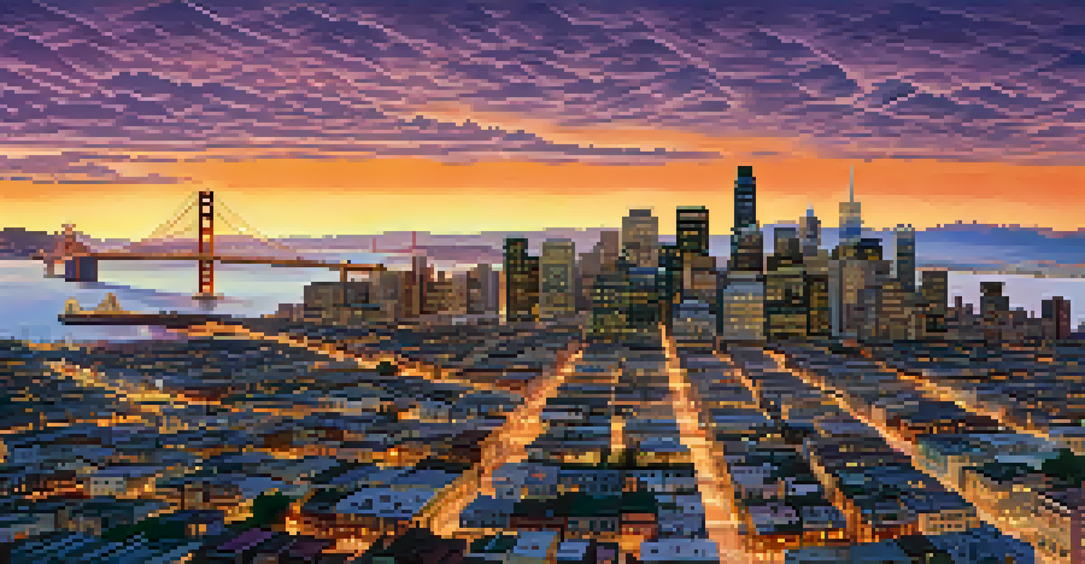Aerial view of San Francisco at sunset, showcasing the city's hills and neighborhoods with a colorful sky.