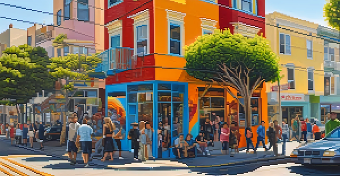 A lively street in the Mission District with colorful murals and people walking under warm sunlight.
