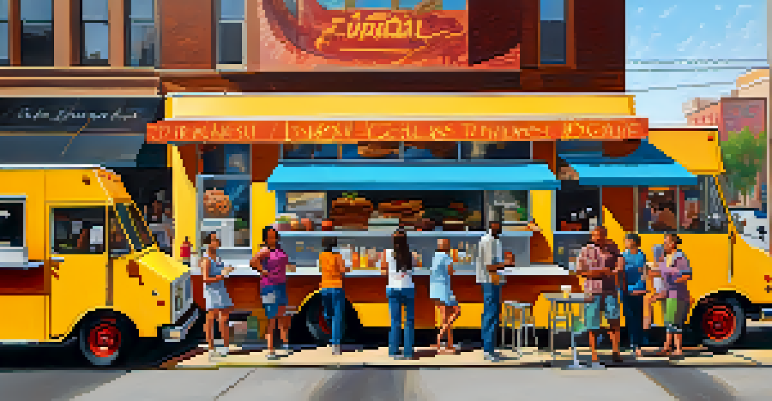 A lively food truck during lunch hour with customers in line, the owner grilling food and taking orders, surrounded by colorful decorations.