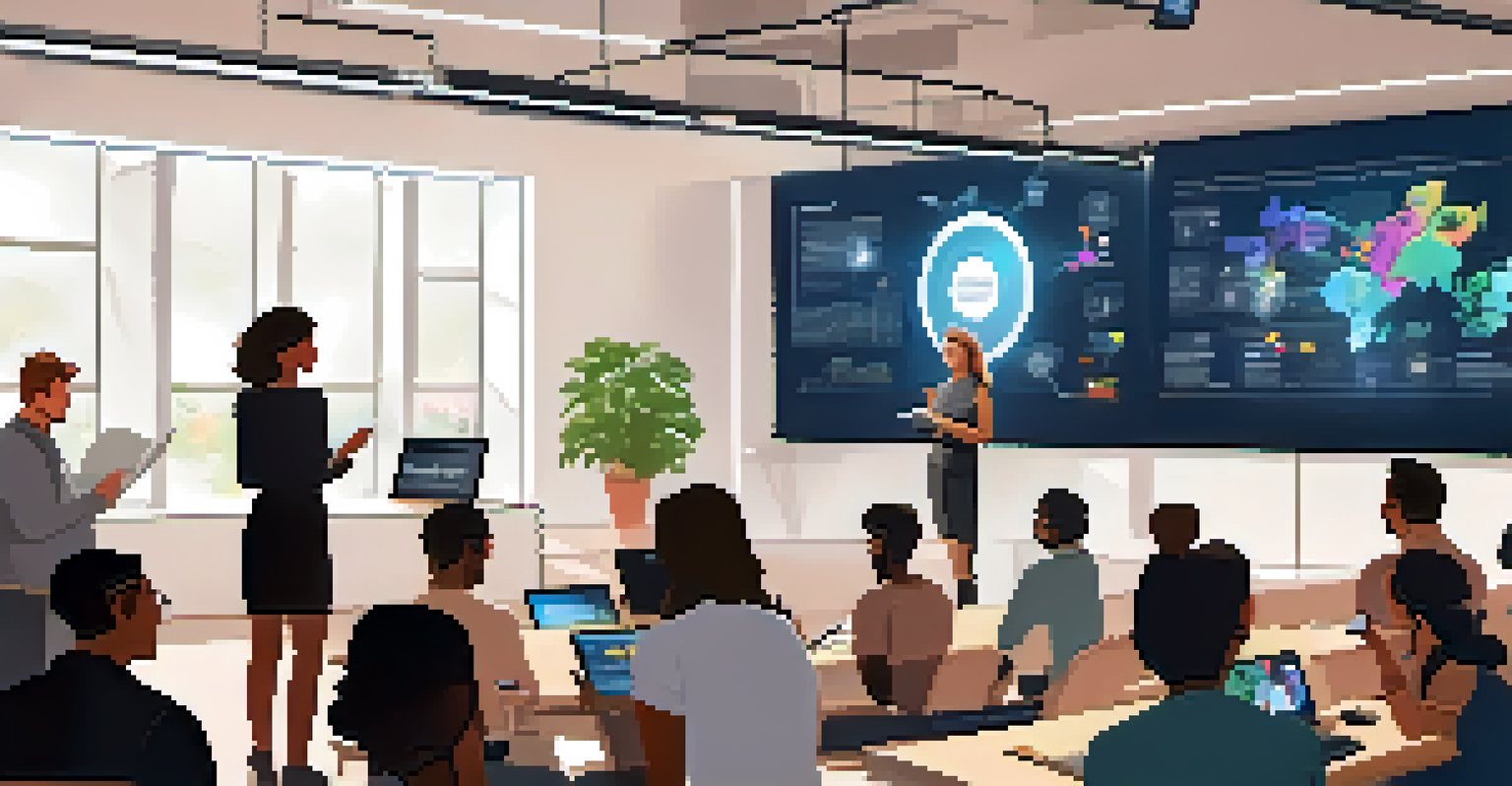 A woman leading a tech workshop in front of a large screen, with an engaged audience taking notes in a decorated room.