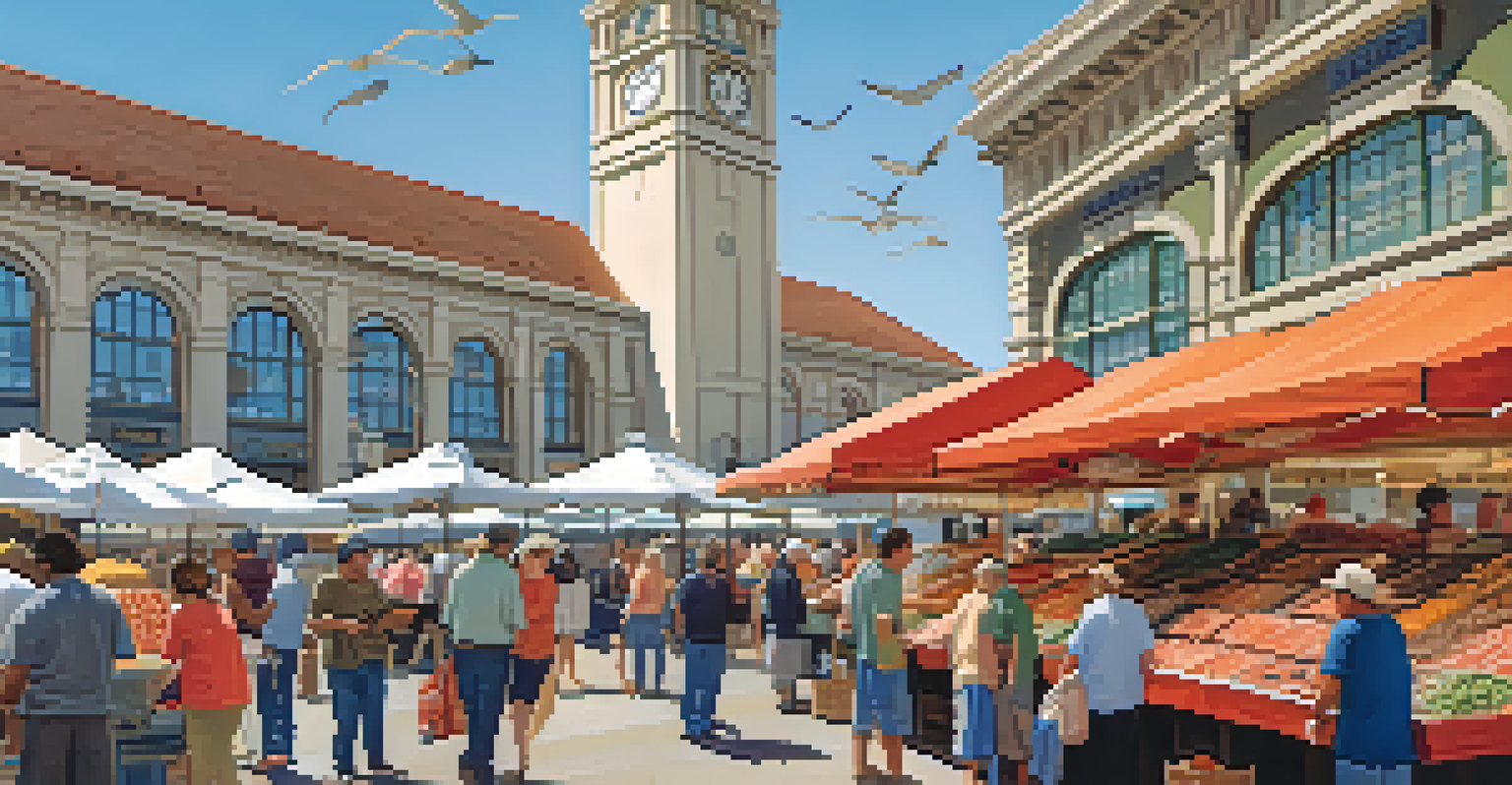 A bustling seafood market at the Ferry Building Marketplace in San Francisco, showcasing fresh fish, crabs, and shoppers interacting with vendors.