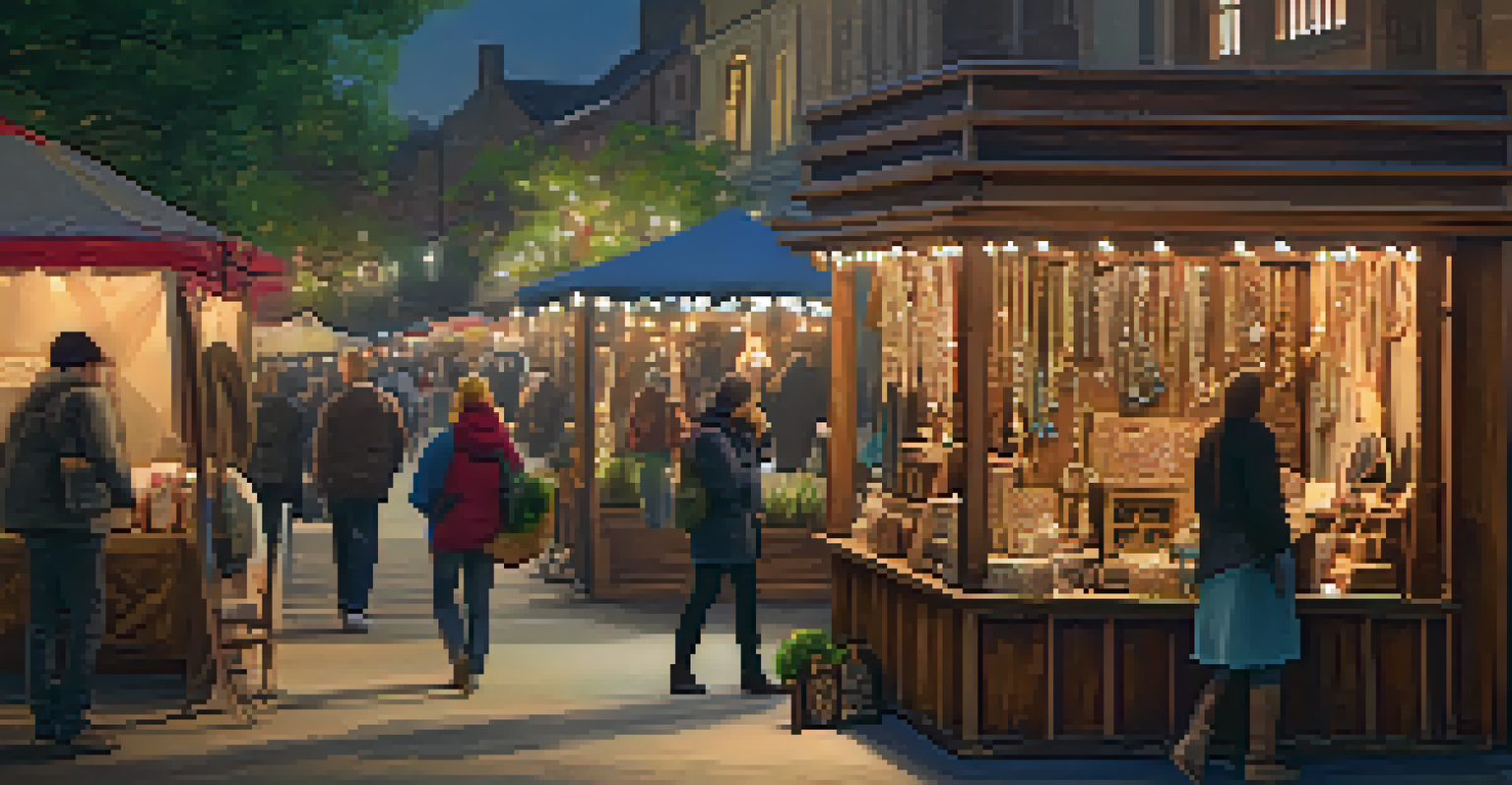 A close-up of a craft booth displaying handmade jewelry and home decor items, warmly lit to enhance the colors.