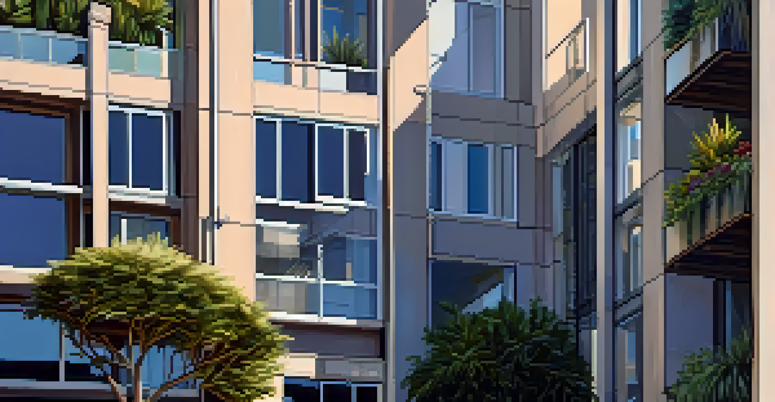 A close-up view of a modern mixed-use building with large windows and plant-covered balconies, illuminated by a sunset.