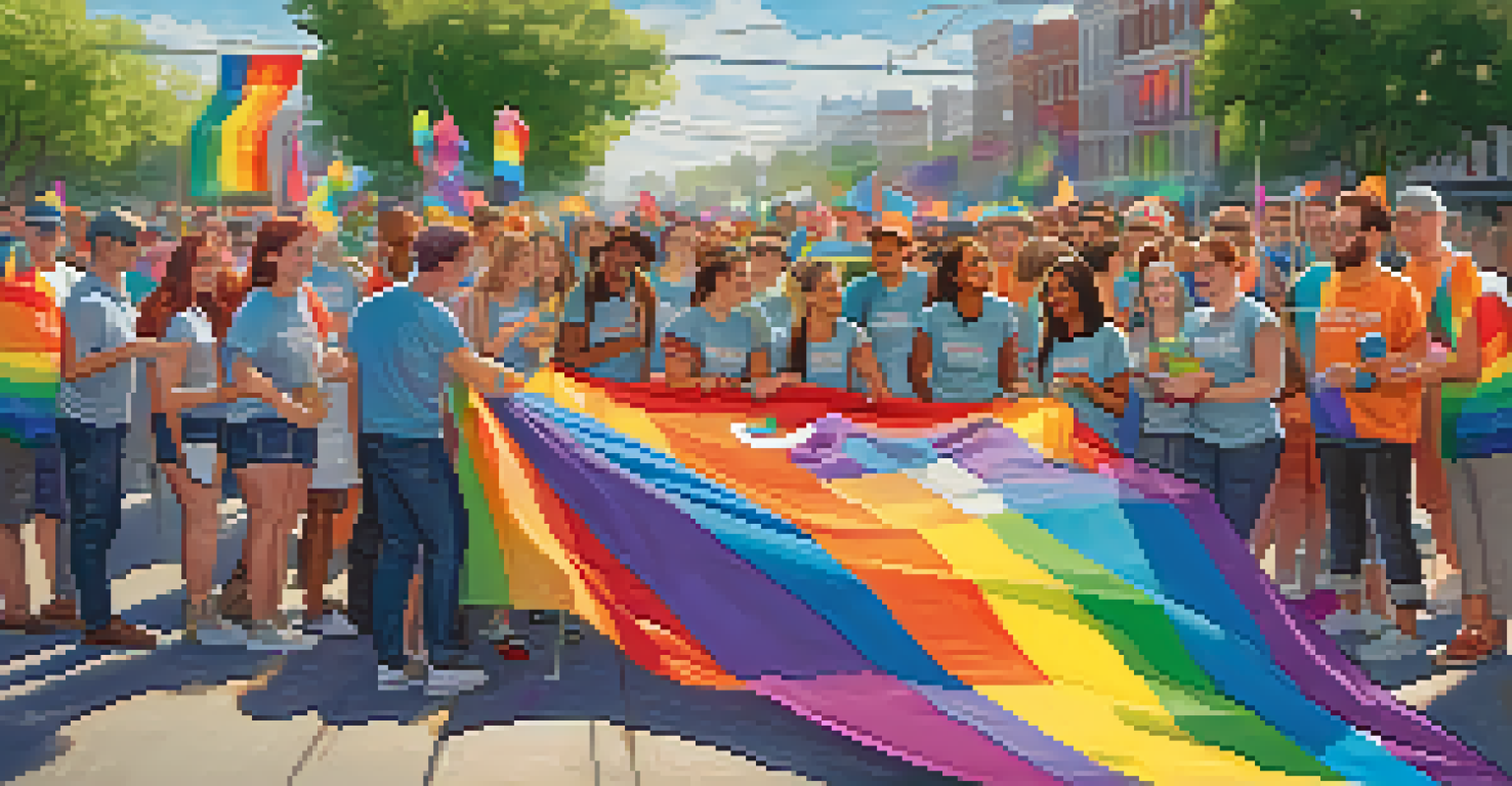Volunteers preparing for the Pride Parade, setting up decorations and organizing logistics, showcasing collaboration and community spirit.