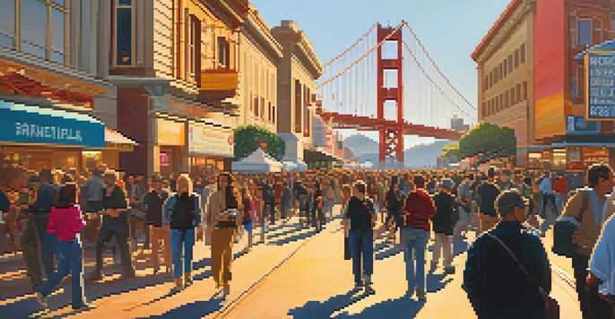 A busy street scene with people at the San Francisco International Film Festival, colorful banners, and the Golden Gate Bridge in the background.