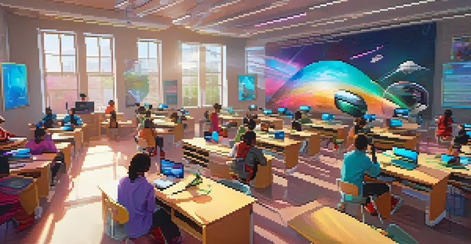 A modern classroom with students using virtual reality headsets, surrounded by technology and bright natural light.
