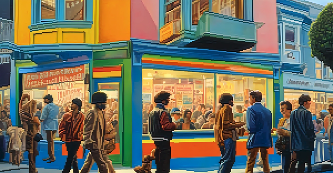 A lively street scene in San Francisco during the 1960s with colorful posters and people engaging in conversations.